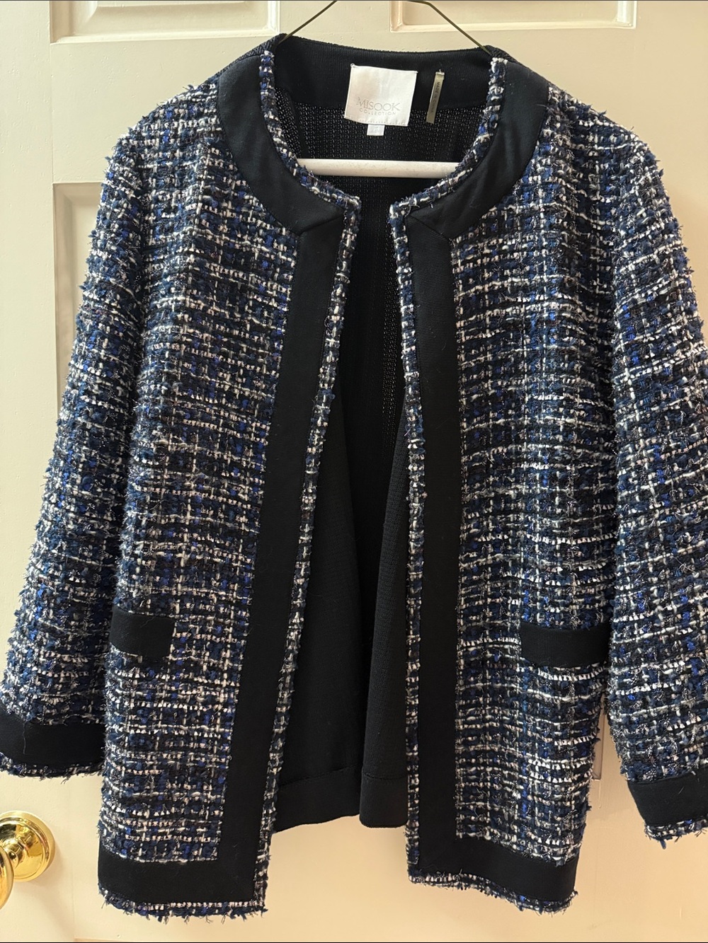 Misook Blue and Black Tweed Open-Front Jacket